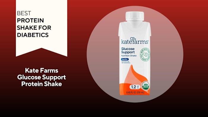 A red background with a white banner reading "Best Protein Shake for Diabetics" next to a white and orange carton of Kate Farms Glucose Support protein shake in Vanilla flavor